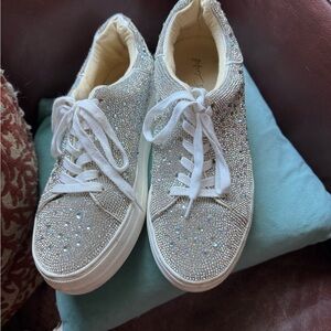 Betsey Johnson Crystal-Encrusted White Lace-Up Sneakers